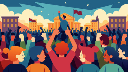 A sea of people gathered in a city square raising their fists in unison and chanting Lower the Prices Feed the People. Vector illustration