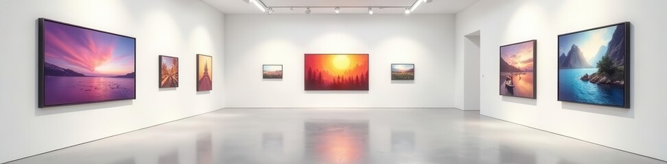 Empty art gallery, white walls, focused lighting, minimal, interior, spotlights