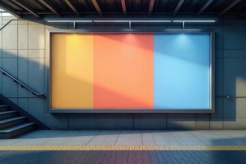 Empty subway billboard mockup, blank ad space near stairs, template, panel, clean