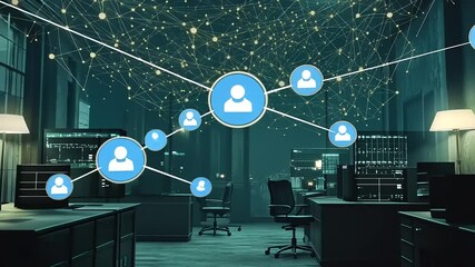 Modern office interior with digital networking graphics illustrating connections among colleagues - Powered by Adobe