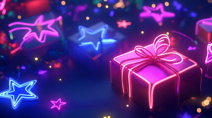 Neon Gifts and Stars Background 2025