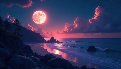 Full moon's ethereal glow bathes celestial scene , moonlight, wonder, cosmos