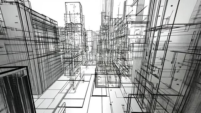 Abstract architectural visualization of a futuristic cityscape with transparent structures and gridlines