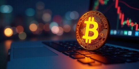 Glowing Bitcoin symbol on laptop keyboard; bokeh background, keys, money, success