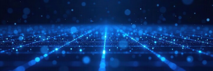 Glowing blue grid expands, light points sparkle on dark backdrop , energy, blue, wireframe