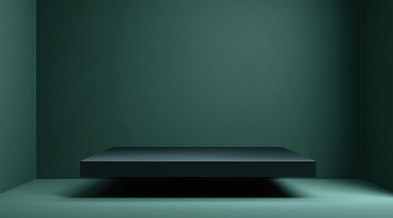 A dark platform floats in a dimly lit, teal-green room.  The scene is minimalist and creates a sense of quiet contemplation