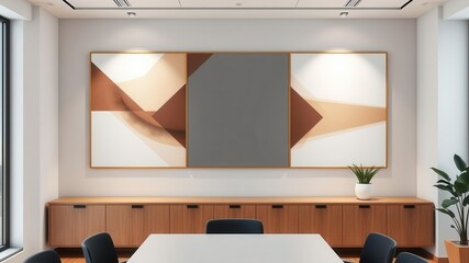 Mockup of sleek office wall art featuring abstract geometric design in modern workspace with clean desk and plant decor, background, mockup, design