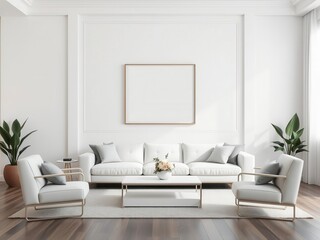 Modern living room with a minimalist aesthetic featuring a spacious wall art mockup, home decor, room mockup, aesthetic