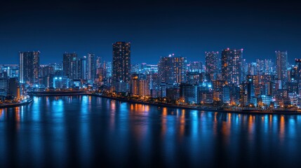 Vibrant night cityscape reflected on water