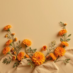 clean arrangement of marigolds in a minimalist style, with warm saffron and stone tones, minimal lines, open space for text, sleek vibe, high resolution