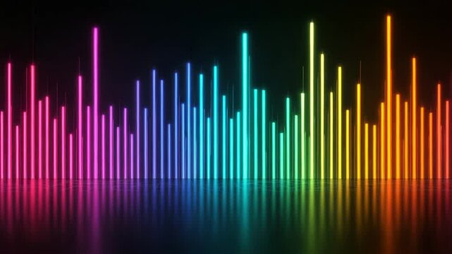 Colorful sound wave bars with glowing neon light and reflection on black background, vibrant audio visualization of music energy with dynamic glowing bars and digital art effects