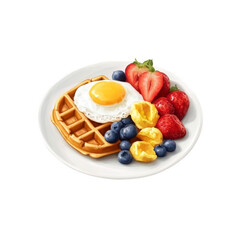 Delicious Waffle Breakfast with Fried Egg, Strawberries, and Blueberries
