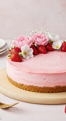 Cheesecake decorated with fresh strawberry slices and delicate flowers on a wooden board against light pink background with copy space. Dessert for celebration, party, or restaurant and cafe menu.	
