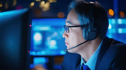 Customer service representative wearing headset working late in modern office with computer screens glowing blue, focused on communication, support, and technology environment