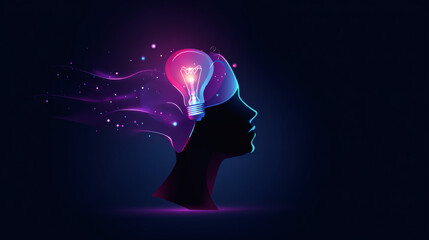 A vibrant silhouette of a head with a glowing light bulb symbolizes creativity and inspiration against a dark background.