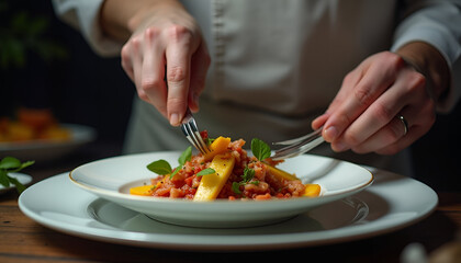 Hands serving pasta with vegetables on plate