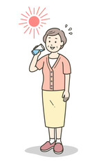猛暑に炎天下で水分補給をするシニア女性の全身イラスト