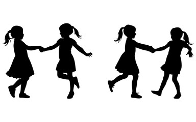 Obraz premium Two little girls playing full black silhouette vector illustration design