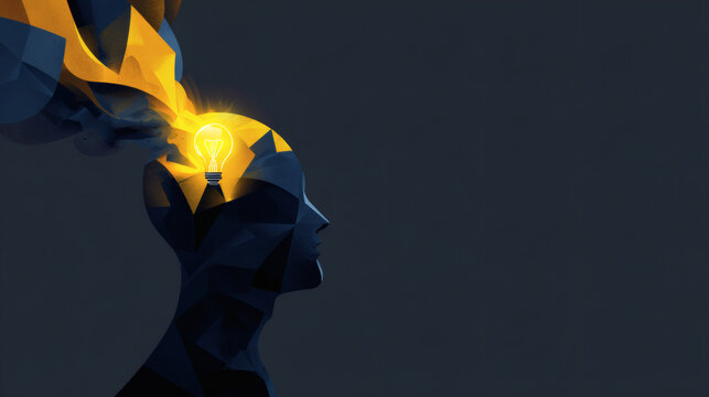 A silhouette of a human head with a glowing light bulb emerging from the brain, symbolizing creativity and innovative thinking.