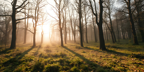 Fototapeta premium fairy tale background trees forrest sun dust landscape