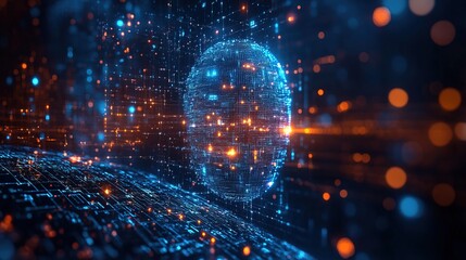 A glowing microscopic AI satellite monitoring cybersecurity threats 