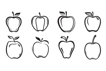Hand-Drawn Apple Line Art Set – Black and White Fruit Sketches for Health and Food Design