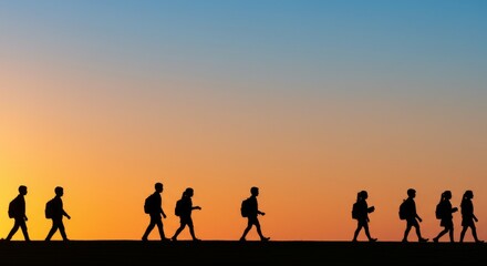 Gradient from sunrise orange to sky blue, silhouettes of children walking to school, copy space at the bottom