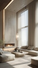 Fototapeta premium front view of the premium minimalist living room in soft neutral tones