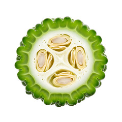 Bitter melon slice cross section close up fresh green healthy vegetable with seeds isolated on black background on transparent background