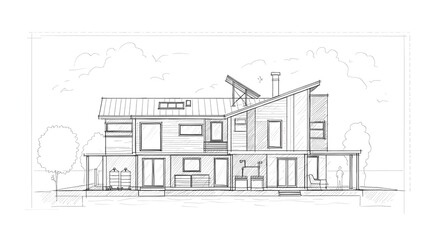 Architectural drawing of modern house design with blueprint sketch and home construction plan view on transparent background