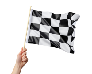 Hand holding checkered flag race finish line