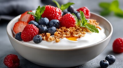 Fresh Yogurt Bowl Topped with Berries, Granola, and Mint