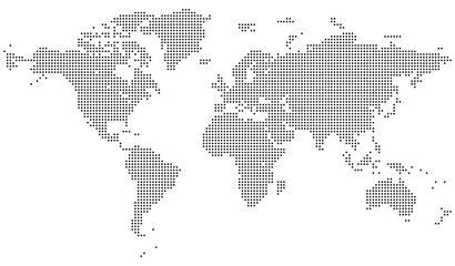 Vector dotted world map with east and west hemisphere detail. Great for global visual communication and design work. Modern dotted world map feathering abstract country boundary in dotted shape. © Afifa Tazrimin