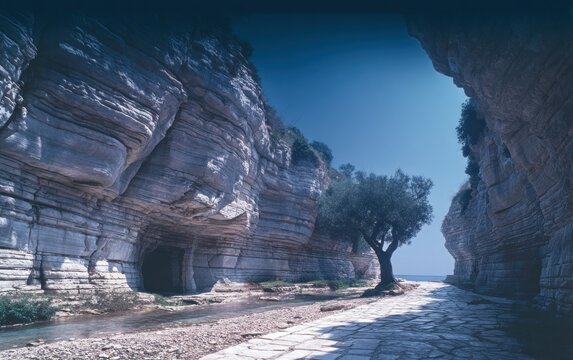A stony path through a dramatic canyon