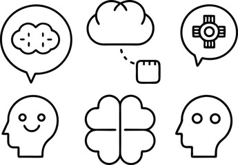 Line art icons with head profiles, cloverleaf, and cloud symbols on white