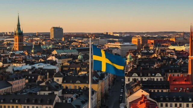 Stockholm City Sweden in sunset with big sweden flag waving 