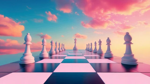 Chess piece chessboard strategy game sunset sky clouds reflection white black challenge planning creativity thinking leisure entertainment abstract perspective design competition outdoor horizon