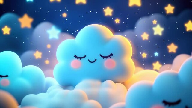Cute blue cloud with smiling face and closed eyes surrounded by glowing stars in dreamy night sky, creating peaceful and magical atmosphere with soft clouds and pink cheeks.