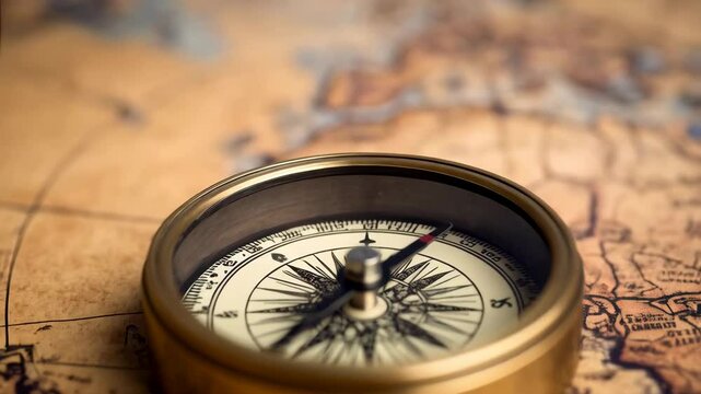 Close-up of a vintage gold compass sitting on an antique map with a tan and brown geographical design and faded markings.