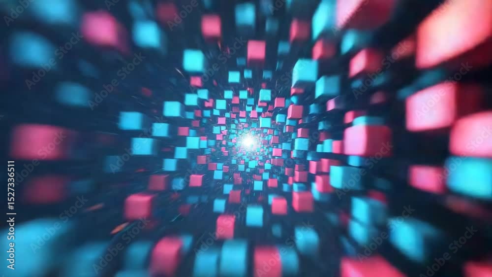 Wall mural digital abstract background with glowing blue and pink cubes floating in futuristic tunnel, creating