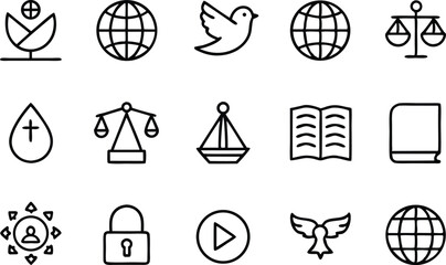 Outline icon set with dove, earth, antenna, balance, book on transparent background