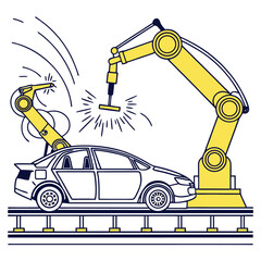 Robotic Welding of Car Frame with Yellow Sparks – Industrial Vector Scene, Adobe Illustrator Artwork