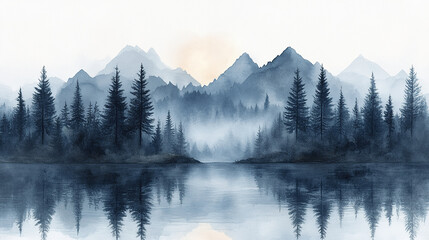 serene watercolor landscape featuring pine forest reflected calm lake, surrounded by mountains