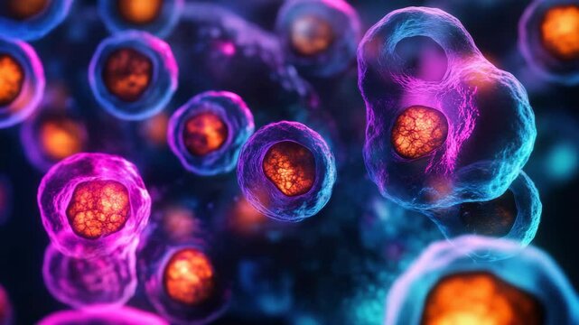 Colorful microscopic close up of cell division showing vibrant purple membranes and glowing orange nuclei, illustrating biological growth, science, and medical cellular activity detailed microscopic