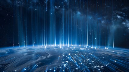 satellite above Earth emitting data beams, representing space tech and global surveillance, ultra-realistic space setting
