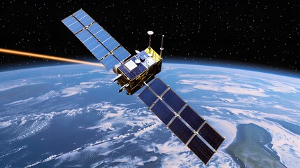 Obraz premium satellite above Earth emitting data beams, representing space tech and global surveillance, ultra-realistic space setting 