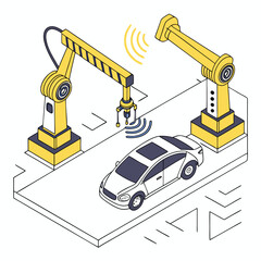 High-Tech Robotic Car Assembly with Yellow Accents – Clean Vector, Adobe Illustrator Artwork