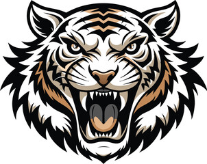Obraz premium Aggressive Tiger Head Vector Illustration with Open Mouth and Sharp Teeth