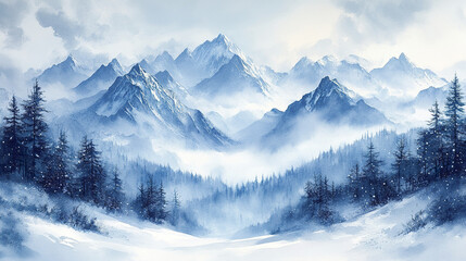 Obraz premium serene watercolor landscape featuring snow covered mountains and evergreen trees, evoking