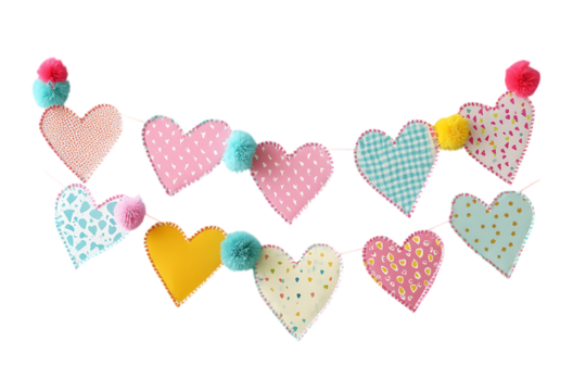 Festive heart garland with colorful pom poms, isolated on white